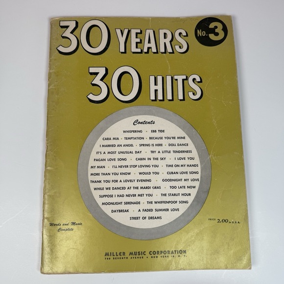 Other - 30 Years 30 Hits No‎ 3 Piano Music Songbook Songs Vintage 1958 Miller Music Corp